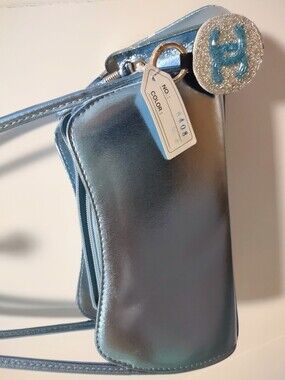 MODA BELLA Ice Blue Metallic Purse, Wallet Set of 3, with Hand Sanitizer Holder